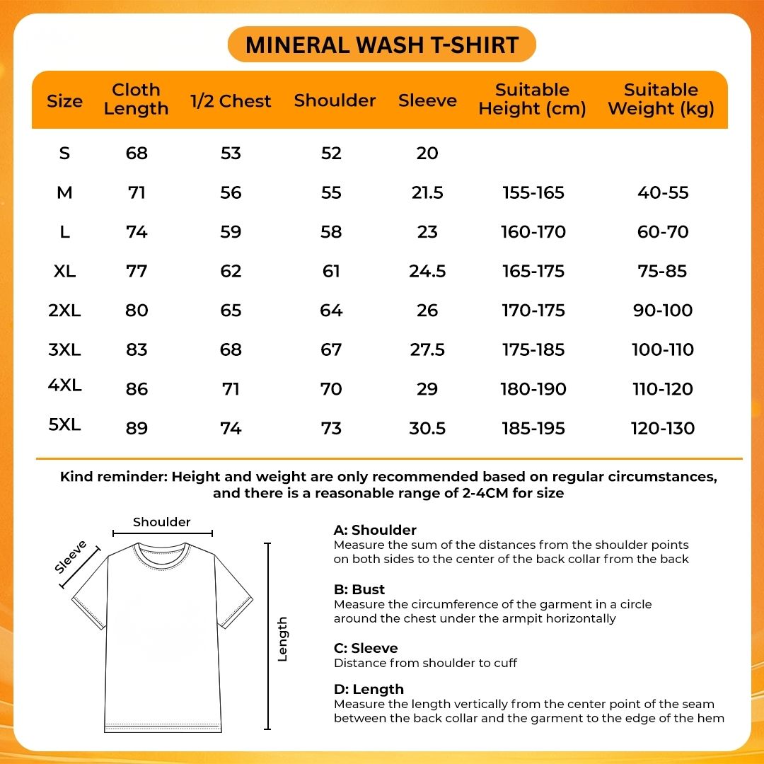 Mineral Wash T Shirt Size Chart - Dying Light Merch